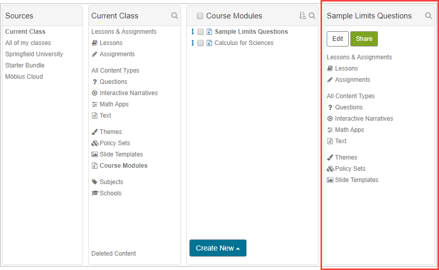 The imported course module is listed under the Course Modules pane in your current class